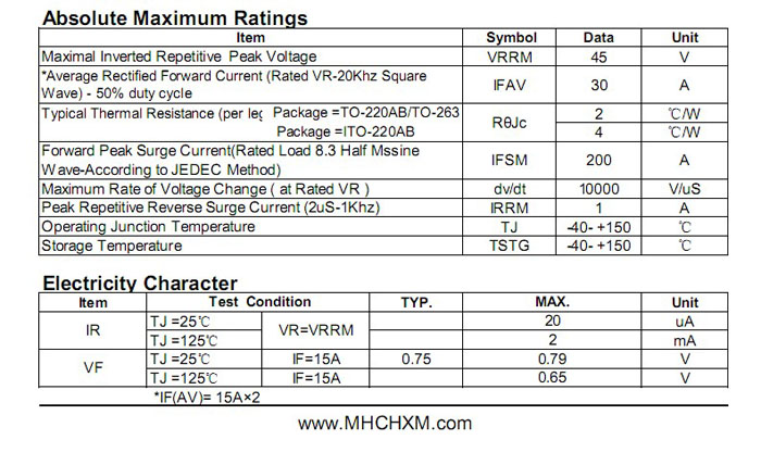MHCHXM品牌肖特基二极管MBR3045F